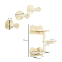 PawHut klimtrappen, klimmuur, kattentrap, 4 stuks Set, met krabpaal, hangmat, beige+roomwit, 40 x 28 x 73 cm(m-3)