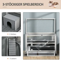 PawHut Kleintierkäfig auf 2 Ebenen mit Leitern u. Höhlen 99 cm x 50 cm x 69 cm Tannenholz Metall Glas Hellgrau(m-4)