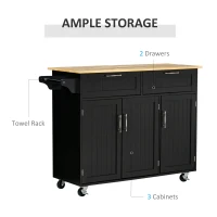 HOMCOM Cărucior de Bucătărie Multifuncțional cu 2 Sertare, Dulap cu 3 Uși și 4 Roți, 121x46x91 cm, Negru(m-4)