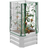 Outsunny verhoogd bed, 3-delige set plantenbak, serre met plastic hoes, hekwerk, bloembak voor klimplanten, voor tuin, terras en balkon, 53 x 53 x 90 cm