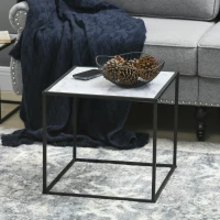 HOMCOM Conjunto de 2 Mesas Auxiliares Empilháveis com Bancada de Vidro Temperado 42,5x42,5x40 cm e 35x35x35,5 cm Mármore e Preto(m-7)