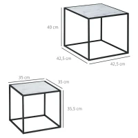 HOMCOM Conjunto de 2 Mesas Auxiliares Empilháveis com Bancada de Vidro Temperado 42,5x42,5x40 cm e 35x35x35,5 cm Mármore e Preto(m-3)
