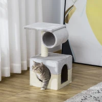 PawHut Árvore Arranhador para Gatos com Poste de Sisal Caverna de Pelúcia Suave Plataforma e Cilindro 31x31x58 cm Cinza e Bege(m-2)