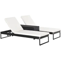 Outsunny Conjunto de 2 espreguiçadeiras de jardim com almofadas acolchoadas de vime com mesa lateral para piscina ou terraço Carga 160kg 195x60x86 cm Estrutura em aço Preto vime(m-1)