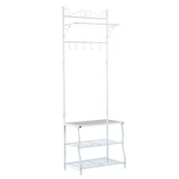 HOMCOM Stand Appendiabiti Attaccapanni per Ingresso Scarpiera a 2 Ripiani 5 Ganci Metallo 60 × 35 × 175cm Bianco e Color Legno(m-1)