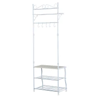 HOMCOM Stand Appendiabiti Attaccapanni per Ingresso Scarpiera a 2 Ripiani 5 Ganci Metallo 60 × 35 × 175cm Bianco e Color Legno(m-7)