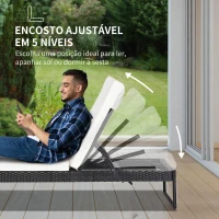 Outsunny Conjunto de 2 espreguiçadeiras de jardim com almofadas acolchoadas de vime com mesa lateral para piscina ou terraço Carga 160kg 195x60x86 cm Estrutura em aço Preto vime(m-5)