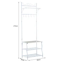 HOMCOM Stand Appendiabiti Attaccapanni per Ingresso Scarpiera a 2 Ripiani 5 Ganci Metallo 60 × 35 × 175cm Bianco e Color Legno(m-3)