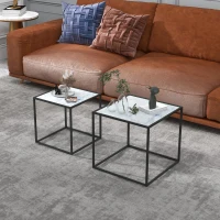 HOMCOM Conjunto de 2 Mesas Auxiliares Empilháveis com Bancada de Vidro Temperado 42,5x42,5x40 cm e 35x35x35,5 cm Mármore e Preto(m-2)