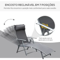 Outsunny Espreguiçadeira Dobrável de Jardim com Encosto Ajustável em 7 Posições Apoio para a Cabeça 137x63,5x100,5cm Cinza(m-4)