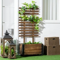 Outsunny plantenbak met latwerk bloembak latwerk rozenboog met klimhulp voor klimplanten tuinhout verkoold 65 x 31 x 147 cm(m-10)