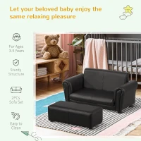 HOMCOM Toddlercouch, 2 Seater Kids Sofa, Wood Frame, PVC, w/ Footstool Black(m-5)