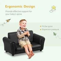 HOMCOM Toddlercouch, 2 Seater Kids Sofa, Wood Frame, PVC, w/ Footstool Black(m-4)