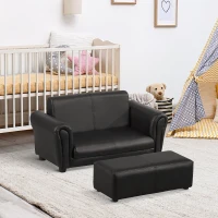 HOMCOM Toddlercouch, 2 Seater Kids Sofa, Wood Frame, PVC, w/ Footstool Black(m-10)