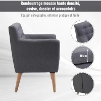 HOMCOM Fauteuil design scandinave 68L x 59l x 75H cm pieds effilés  dossier capitonné avec boutons gris clair chiné(m-5)