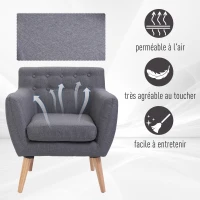 HOMCOM Fauteuil design scandinave 68L x 59l x 75H cm pieds effilés  dossier capitonné avec boutons gris clair chiné(m-3)