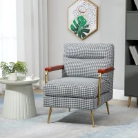 HOMCOM Modern Accent Chair Linen Fabric Armchair with Houndstooth Pattern Gold Steel Legs for Living Room and Bedroom(m-11)