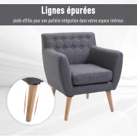 HOMCOM Fauteuil design scandinave 68L x 59l x 75H cm pieds effilés  dossier capitonné avec boutons gris clair chiné(m-4)