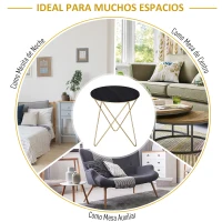 Mesita de Centro Redonda Estilo Moderno Con Patas Triangulares Φ43x48Al cm Negro y Dorado(m-3)