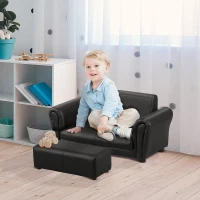 HOMCOM Toddlercouch, 2 Seater Kids Sofa, Wood Frame, PVC, w/ Footstool Black(m-2)