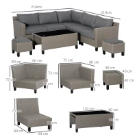 Outsunny 8 PCS Outdoor PE Rattan Sofa Set, Patio All Weather Twin Wicker Conservatory Corner Sofa Furniture, w/ Tempered Glass Coffee Table & Cushions for Lawn, Garden, Grey(m-3)