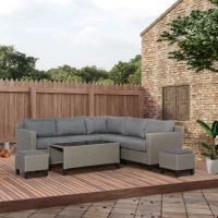 Outsunny 8 PCS Outdoor PE Rattan Sofa Set, Patio All Weather Twin Wicker Conservatory Corner Sofa Furniture, w/ Tempered Glass Coffee Table & Cushions for Lawn, Garden, Grey(m-10)