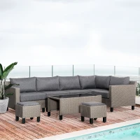 Outsunny 8 PCS Outdoor PE Rattan Sofa Set, Patio All Weather Twin Wicker Conservatory Corner Sofa Furniture, w/ Tempered Glass Coffee Table & Cushions for Lawn, Garden, Grey(m-2)