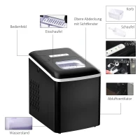 Maszyna do Lodu HOMCOM 12kg/24h 2L Maszyna do kostek lodu z Wyświetlaczem LED, 2 L Pojemność Zbiornika, 90 W, Czarna(m-6)