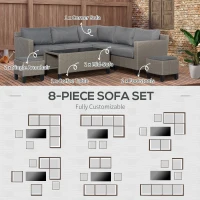 Outsunny 8 PCS Outdoor PE Rattan Sofa Set, Patio All Weather Twin Wicker Conservatory Corner Sofa Furniture, w/ Tempered Glass Coffee Table & Cushions for Lawn, Garden, Grey(m-7)