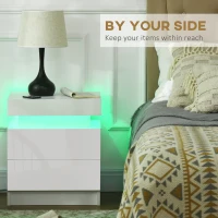 HOMCOM White Bedside Table with LED Light, High Gloss Front Nightstand with 2 Drawers, for Living Room, Bedroom(m-5)