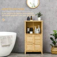 HOMCOM Armário Auxiliar Casa de Banho de Bambu com 2 Portas Compartimento Aberto e Prateleira Ajustável 50x25,5x92 cm Madeira(m-4)
