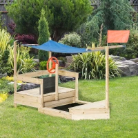 Outsunny Sandkasten Sandkiste groß mit Abdeckung Schiff Design Matschekiste aus Holz Sitzbank Flaggenmast Segelschiff Spielhaus für Kinder 3-8 Jahre Natur 180 x 91,5 x 144 cm(m-2)