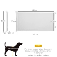 PawHut Barreira de Segurança para Cães Extensível 0-150cm Porta de Proteção Retrátil para Animais de Estimação 165x10,7x85cm Branco(m-3)