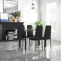 HOMCOM 5-tlg. Essgruppe, Tisch+4 Stühle, Hartglasplatte, Stahlrahmen, Kunstlederbezug, schwarz(m-2)