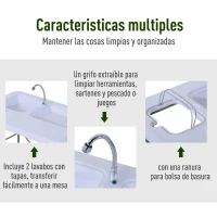 Outsunny Mesa Plegable Multifuncional 2 en 1 Mesa+Estación de Limpieza Mesa de Picnic con Grifo y 2 Fregaderos para Pesca Jardín Camping Barbacoa Exteriores 101x66x81cm(m-5)