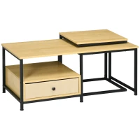 Set 2 piese HOMCOM cu masuta de cafea si masa laterala in forma de C din otel si PA, culoarea lemnului(m-11)