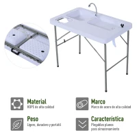 Outsunny Mesa Plegable Multifuncional 2 en 1 Mesa+Estación de Limpieza Mesa de Picnic con Grifo y 2 Fregaderos para Pesca Jardín Camping Barbacoa Exteriores 101x66x81cm(m-4)