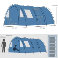 Outsunny Cort de Camping pentru 5-6 Persoane cu 2 Uși, Ferestre și Buzunare de Depozitare, 475x315x215 cm, Albastru(m-3)