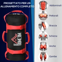 HOMCOM Sacca Bulgara da 20kg con 6 Cinghie per Allenamento Fitness in Casa, Ufficio e Palestra, Ø22x55 cm, Nero e Rosso(m-6)
