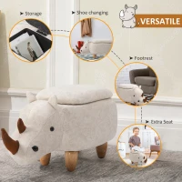 HOMCOM Rhino Storage Stool Cute Decoration Footrest Wood Frame Legs w/ Padding Lid Ottoman Animal Furniture Cream 36x70cm(m-6)