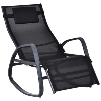Outsunny Garden Rocking Chair with 5-Level Adjustable Backrest, Rocking Sun Lounger with Removeable Headrest Pillow, Footrest, Armrest and Safety Stopper, Black(m-1)
