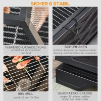 Outsunny Feuerschale mit Funkenschutz, Grillrost, Schürhaken, quadratisch, Stahlgehäuse, schwarz, 66 x 66 cm(m-5)