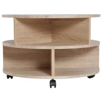 HOMCOM Round Coffee Table with Wheels, 3-Tier Rolling Side Table for Living Room with Divided Shelves, Natural(m-8)