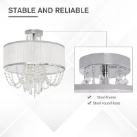 HOMCOM Elegant Metal Ceiling Light Chandelier with Pleated Fabric Lampshade, Decorative Crystal Pendants, for Living Room, Dining Room, Bedroom, White(m-5)