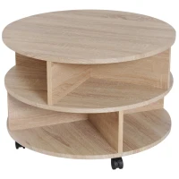 HOMCOM Round Coffee Table with Wheels, 3-Tier Rolling Side Table for Living Room with Divided Shelves, Natural(m-11)
