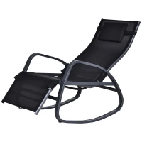 Outsunny Garden Rocking Chair with 5-Level Adjustable Backrest, Rocking Sun Lounger with Removeable Headrest Pillow, Footrest, Armrest and Safety Stopper, Black(m-11)