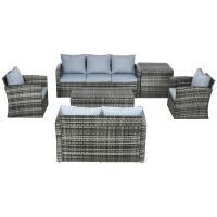 Outsunny 6 Pieces Rattan Garden Furniture Set, 7 Seater Wicker Outdoor Furniture Set with Storage Tea Table & Side Table, Sectional Garden Sofa Set with Cushions, Grey(m-11)