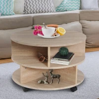 HOMCOM Round Coffee Table with Wheels, 3-Tier Rolling Side Table for Living Room with Divided Shelves, Natural(m-2)