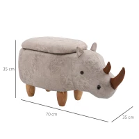 HOMCOM Rhino Storage Stool Cute Decoration Footrest Wood Frame Legs w/ Padding Lid Ottoman Animal Furniture Grey 36x70cm(m-3)