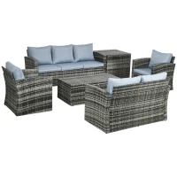 Outsunny 6 Pieces Rattan Garden Furniture Set, 7 Seater Wicker Outdoor Furniture Set with Storage Tea Table & Side Table, Sectional Garden Sofa Set with Cushions, Grey(m-1)